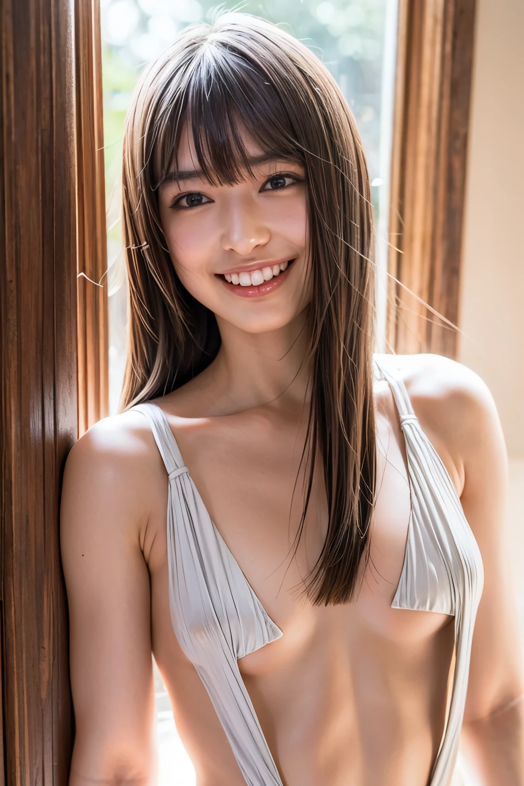 (realistic, photo-realistic:1.4), (best quality, masterpiece), high resolution, intricate details, extremely detailed, sharp focus, portrait, frontal photography, solo, a Japanese female idol, (slingshot swimsuit, midriff), model pose, (tiny breasts, flat chest, poor size bust:1.4), dark hair, (straight hair, blunt bangs:1.3), (detailed face, detailed eyes, sophisticated nose, realistic nostrils), pale skin, big smile, photo background, indoors,