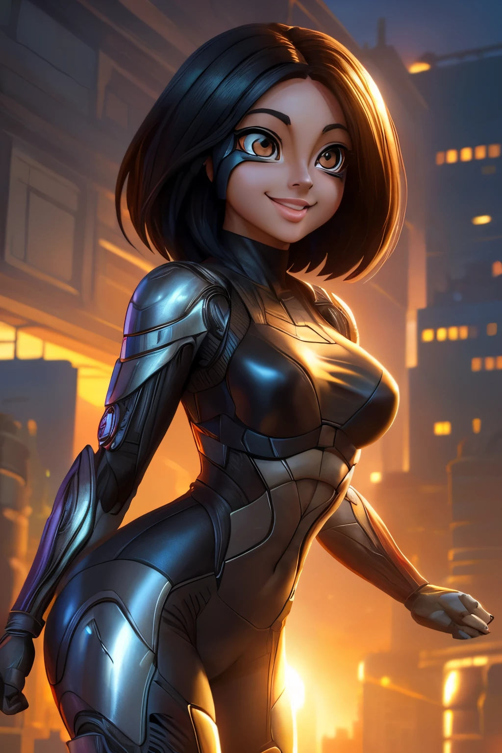 ((ultra quality)), ((Masterpiece artwork)), Alita battle angel, ((blackw, shorth hair)) (Beautiful cute face), (beautiful female lips), enchanting, ((excited expression)), looks at the camera with a gentle smile, eyes are slightly closed, (white skin color), Body shine, ((beautiful detailed female eyes)), ((lightbrown eyes)), (juicy female lips), (beautiful female hands), ((perfect female figure)), perfect female body, beautiful waist, fully body, beautiful thighs, beautiful breasts, ((subtle and beautiful)), he is, (close do rosto), (Alita costume) fund: cyberpunk city, beautiful sunset, ((Depth of field)), ((high quality clear image)), (sharp details), ((highy detailed)), realisitic, professional photo session, ((Focus Clear)), the anime