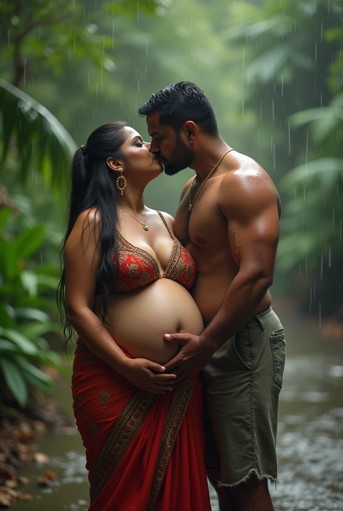 a Indian hindu curvy woman, (((furrowed eyebrows, closing eyes, open mouth, face facing upwards while leaning forward))) bentover fully nude exposed boobs, wearing only red lace panties, ((natural big breast)) ((plump size)) ((show thighs)) ((abdominal muscles)) . behind her there is a young muslim man fully nude wearing only Muslim traditional skull cap hugging her. wet hair. in farm.