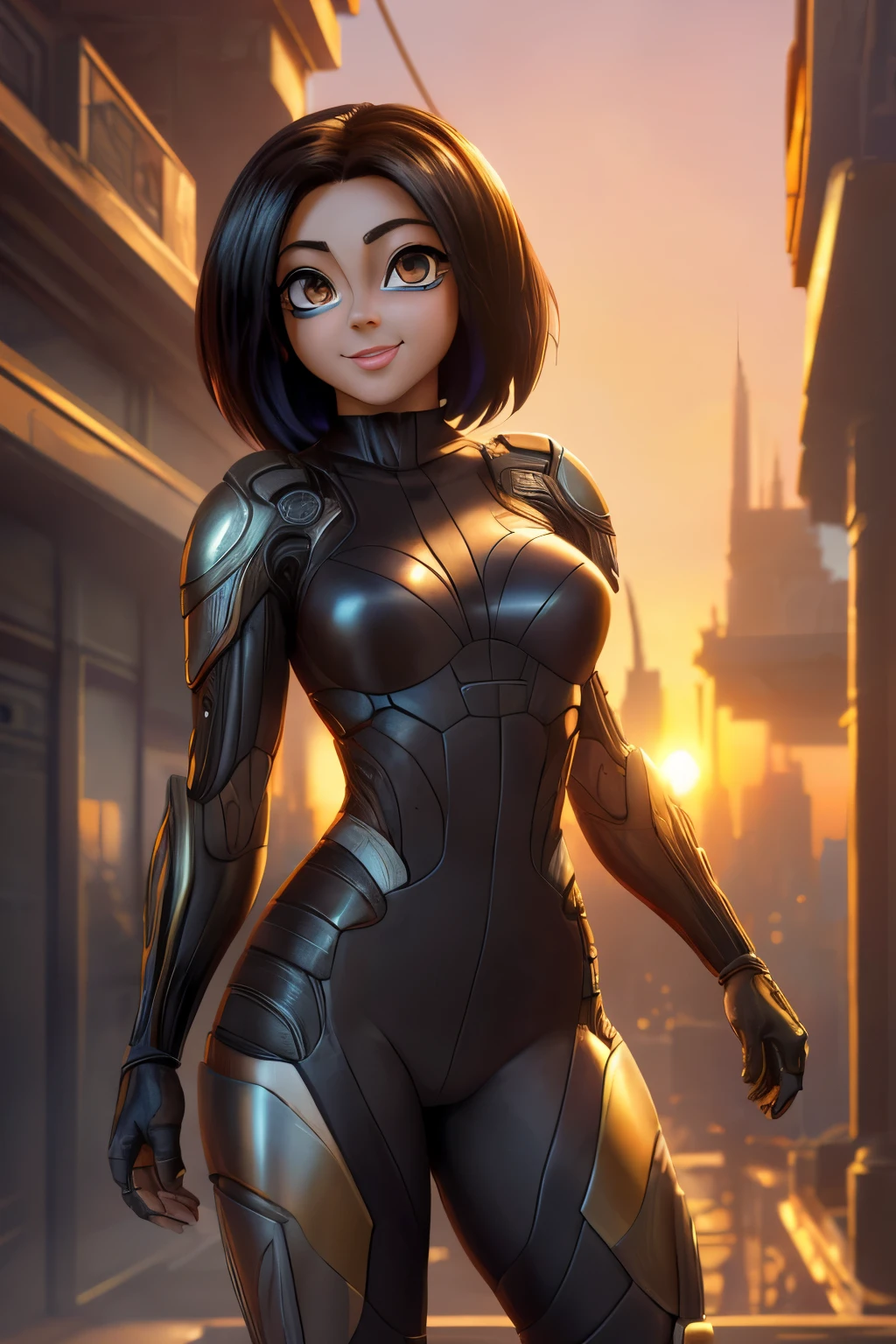 ((ultra quality)), ((Masterpiece artwork)), Alita battle angel, ((blackw, shorth hair)) (Beautiful cute face), (beautiful female lips), enchanting, ((excited expression)), looks at the camera with a gentle smile, eyes are slightly closed, (white skin color), Body shine, ((beautiful detailed female eyes)), ((lightbrown eyes)), (juicy female lips), (beautiful female hands), ((perfect female figure)), perfect female body, beautiful waist, fully body, beautiful thighs, beautiful breasts, ((subtle and beautiful)), he is, (close do rosto), (Alita costume) fund: cyberpunk city, beautiful sunset, ((Depth of field)), ((high quality clear image)), (sharp details), ((highy detailed)), realisitic, professional photo session, ((Focus Clear)), the anime