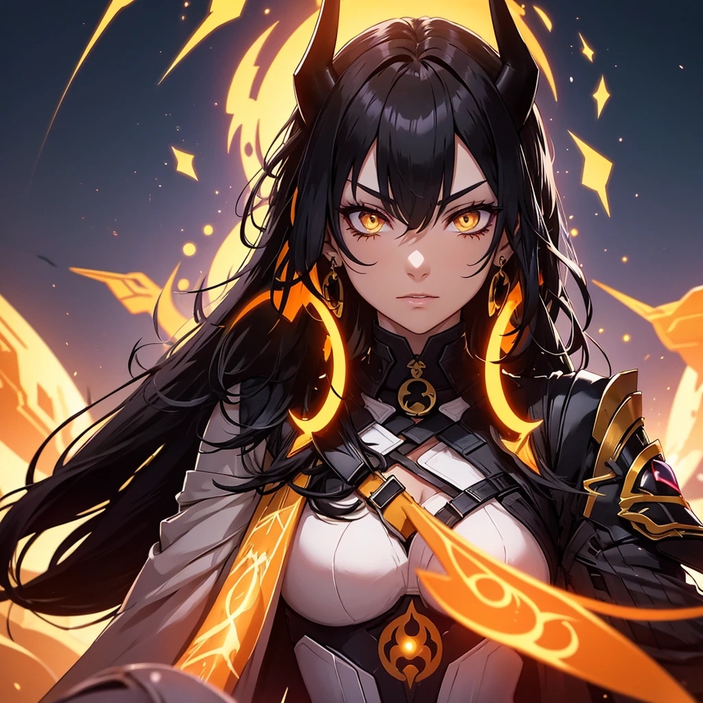 Make a character ALONE with black hair with orange highlights and yellow eyes in a futuristic desert setting, she should have futuristic horns. Your countenance must be serious. Arid and dry landscape