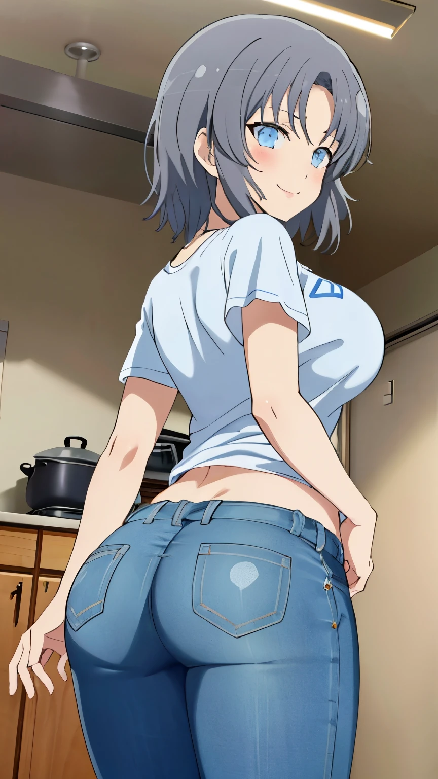 (masterpiece, best quality, high resolution, 8k:1.2), Anime coloring, yumi (senran kagura), 1girl, solo, , grey hair, short hair, blue eyes, Large medium breasts, definition CG unity, Perfect lit, bright_front_face_lit, Super detailed, 8K, nffsw, High resolution, (absurd:1.2), kodak portrait 400, film grain, Lens flare, (lively_color:1.2), looking at the viewer, (cowboy shot:1.2), dynamic angle, (T-shirt, pants, indoor, kitchen, smile, from below, beautiful ass, behind, stick your ass out, glancing sideways, blush)