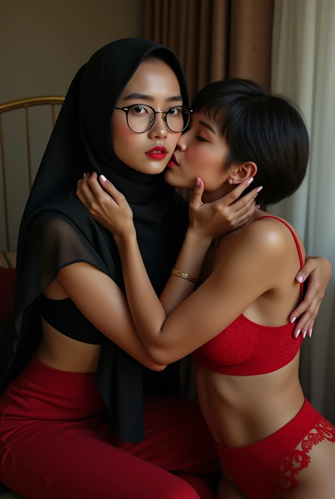 beautiful 35 yo indonesian hijab teacher wearing glass,black bra,medium breast,pale eyes,laying on the table,hug from.behind by a 20 yo woman medium tit,,short hair,wearing red lingerie,kissing,front view,,make out,women on top,lesbian sex,,lips sucking nipple