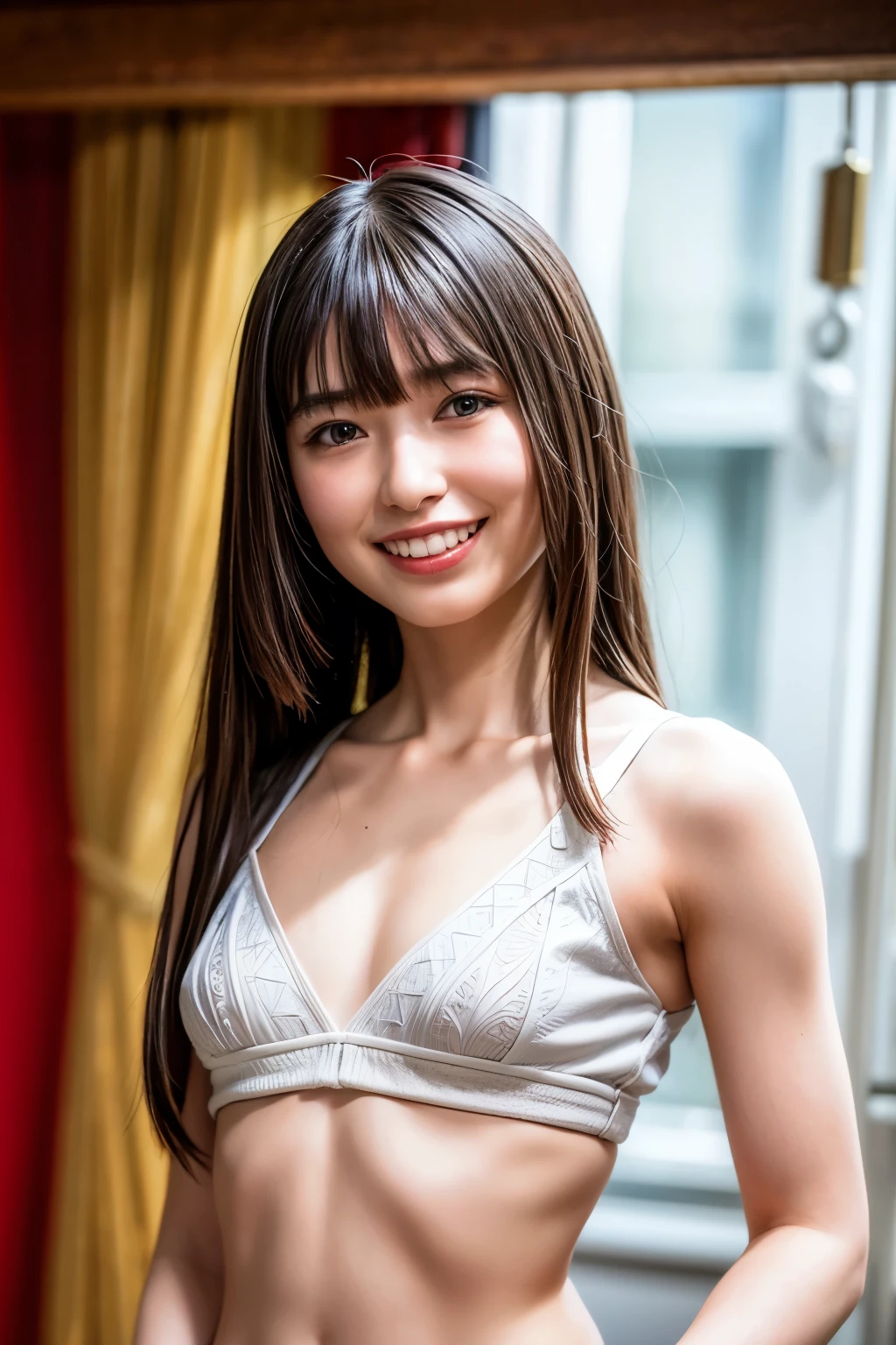 (realistic, photo-realistic:1.4), (best quality, masterpiece), high resolution, intricate details, extremely detailed, sharp focus, (portrait, frontal photography:1.2), solo, a Japanese female idol, (skimpy bikini, thin strap, sleeveless, midriff), model pose, (tiny breasts, flat chest, poor size bust:1.4), dark hair, (straight hair, blunt bangs:1.3), (detailed face, detailed eyes, sophisticated nose, realistic nostrils), pale skin, big smile, photo background, indoors,