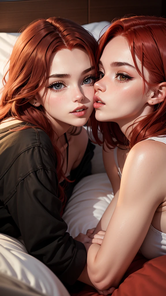 Realistic, masterpiece, bokeh, ultra detailed, 2girls facing each other, chest against chest, kiss, red head and brunette girl, huge butt, lying on bed, naked, indoors, university dorm room, detailed background, from above, photoshoot lighting