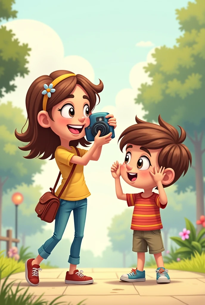 Styl obrazkowy, cartoon. , white complexion, ciemne włosy. The girl has a white complexion, blond włosy, red dress. The girl holds a camera in her hands, robi zdjęcie chłopcu. The boy covers his face with his hand, he is bad, nie chce zdjęć.