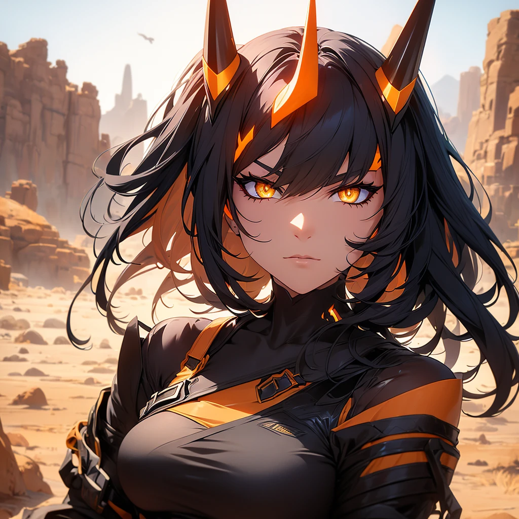 Make a character ALONE with black hair with orange highlights and yellow eyes in a futuristic desert setting, she should have futuristic horns. Your countenance must be serious. Arid and dry landscape