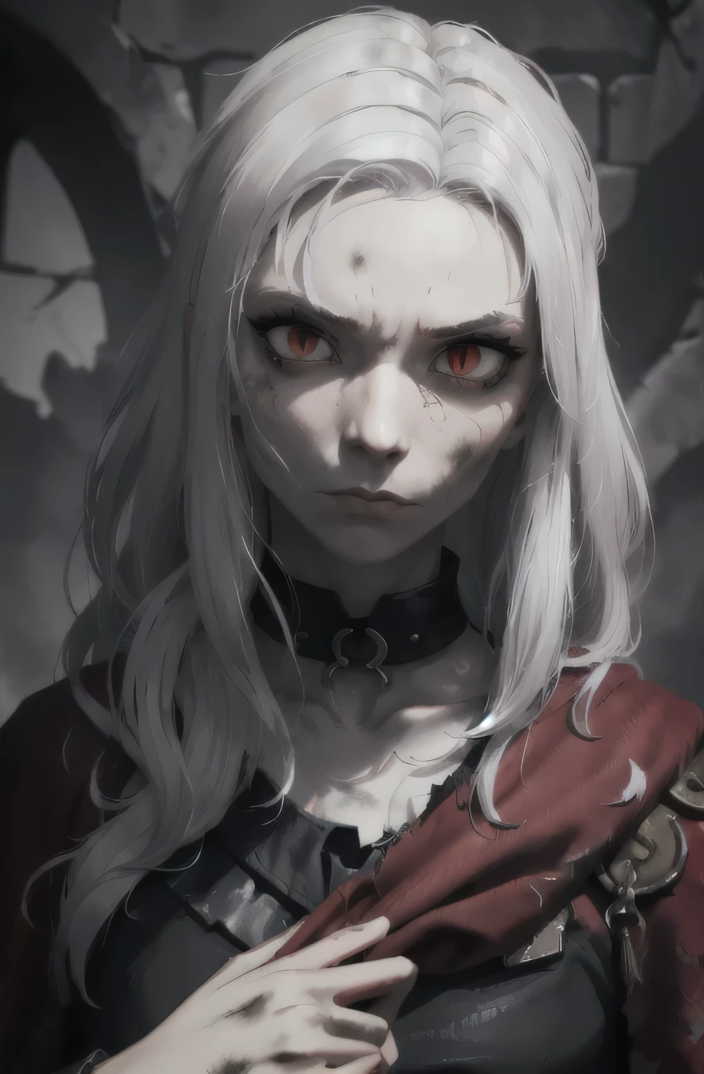 Masterpiece, best quality, 8k, dramatic lighting, 1girl, (((colorless skin, white skin))), ((((white hair)))), solo, (long hair, matted hair, messy hair, straight hair), expressive eyes, intense expression, (( gaunt cheeks, pronounced cheek bones, undead, malnourished )), (((large red eyes, snake eyes))), looking at viewer, black leather vest, dark scene, shadows, upper body, small breasts, albino,(mature female, eye wrinkles, red eyeliner), ((ragged clothes, long sleeve , torn clothes, dark gray clothes, red wool shawl, fur lined collar, wearing rags, red cloak)), ((dirty clothes)), black leather shirt,red choker necklace , dark catacombs 