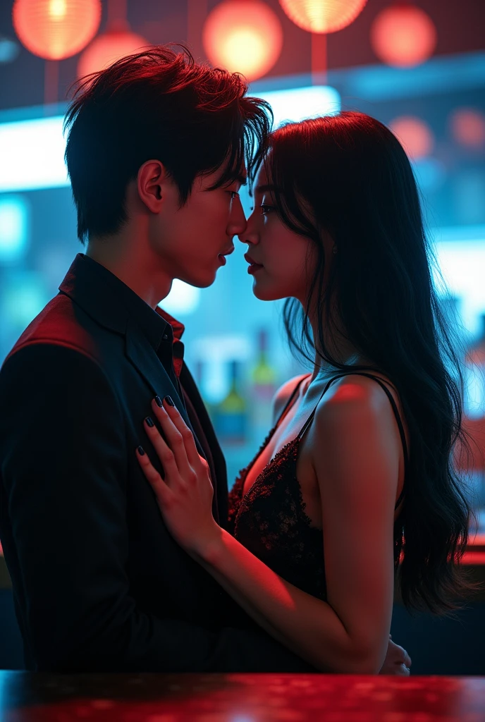 190 cm tall, 27-year-old lithe man with black wavy bowl cut hair, shirtless, Chinese-Korean-Japanese features, wearing black pajama pants, reaching towards a 170 cm tall, 24-year-old woman in front of him, facing away from him. The woman has very pale skin, vibrant maroon wavy medium-length layered hair in a high ponytail, fit figure, wearing a sapphire blue flowy top, black-green suede shorts, black belt around waist, and red high-heel wedge sandals, with a tentative expression. Scene set in a dark-toned bachelor pad living room. Photorealistic, cinematic.