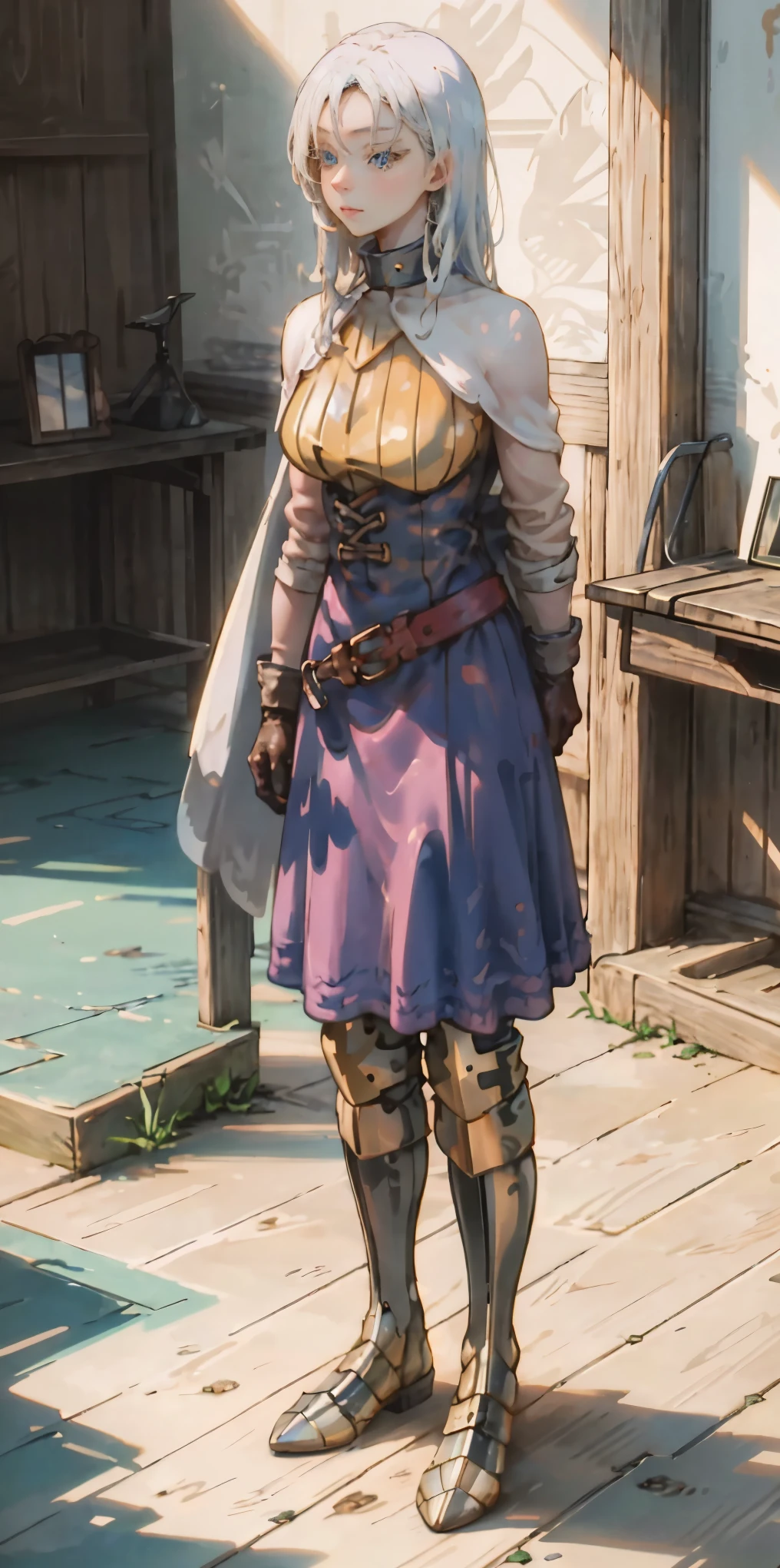 (masterpiece, best quality), 1girl, KnightFFT, long hair, blonde hair, blue eyes, cape, armor, blue dress, belt, gloves, boots, iron collar, arms behind back, iron cuffs, shackles, bound ((standing by wooden pole:1.2)) looking from above happy closed mouth