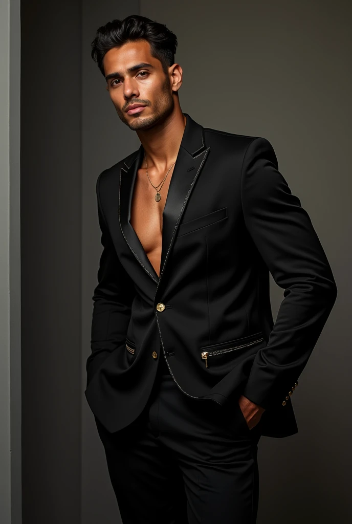 Real photo men&#39;s beauty fashion modern black clothing glamor luxury show haute couture latin man athletic sparkle stones 