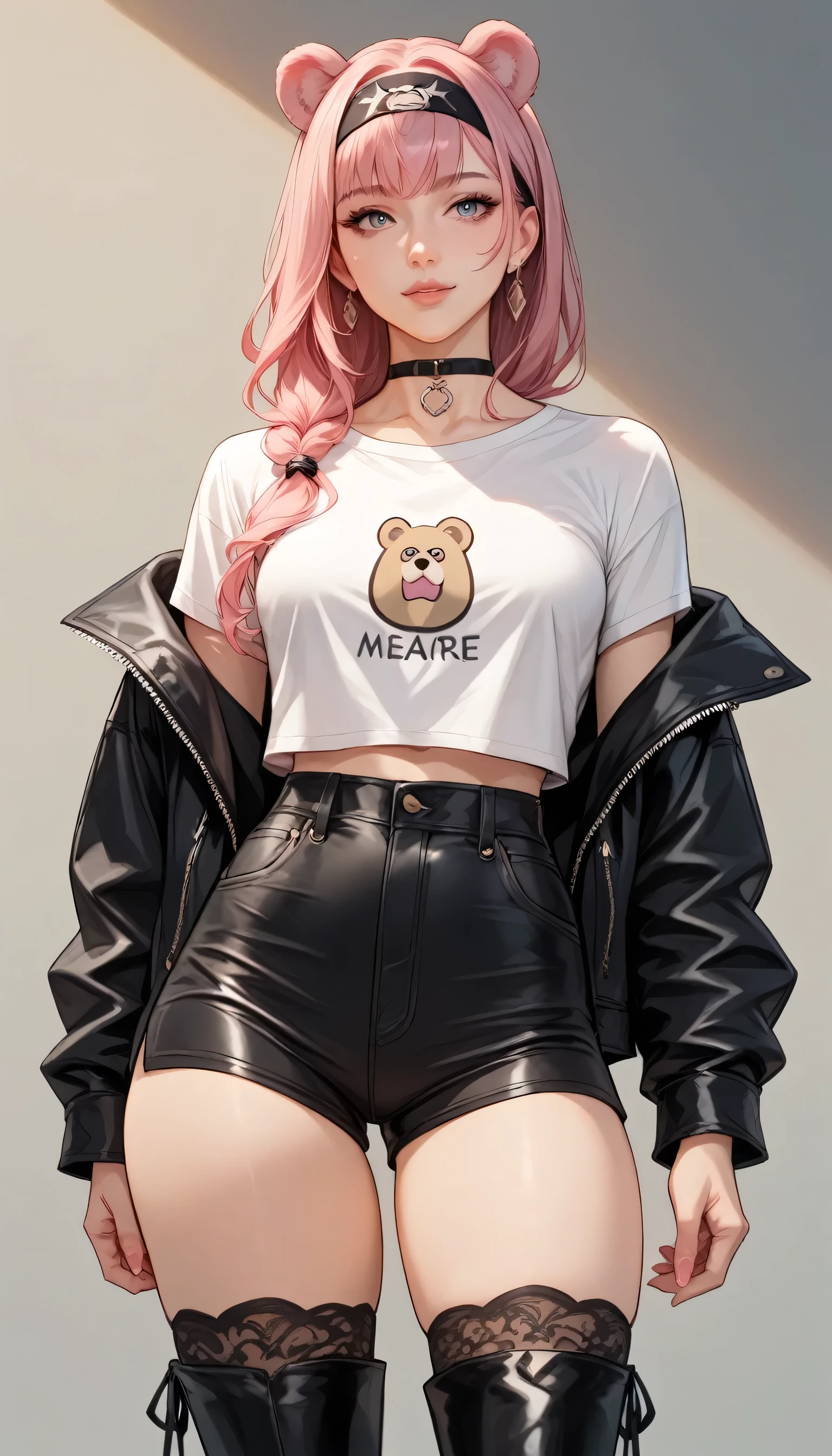 Izayoi Seishin artstyle, (score_9, score_8_up, score_7_up), (best quality, masterpiece),perfect anatomy,(aesthetic,very aesthetic),official style, (ultra-high resolution), 1girl, long pink hair, black bear headband with bear ears, fluffy black choker, white lace t-shirt, black zipper jacket, black pants, thigh-high socks, black boots, playful and cute appearance