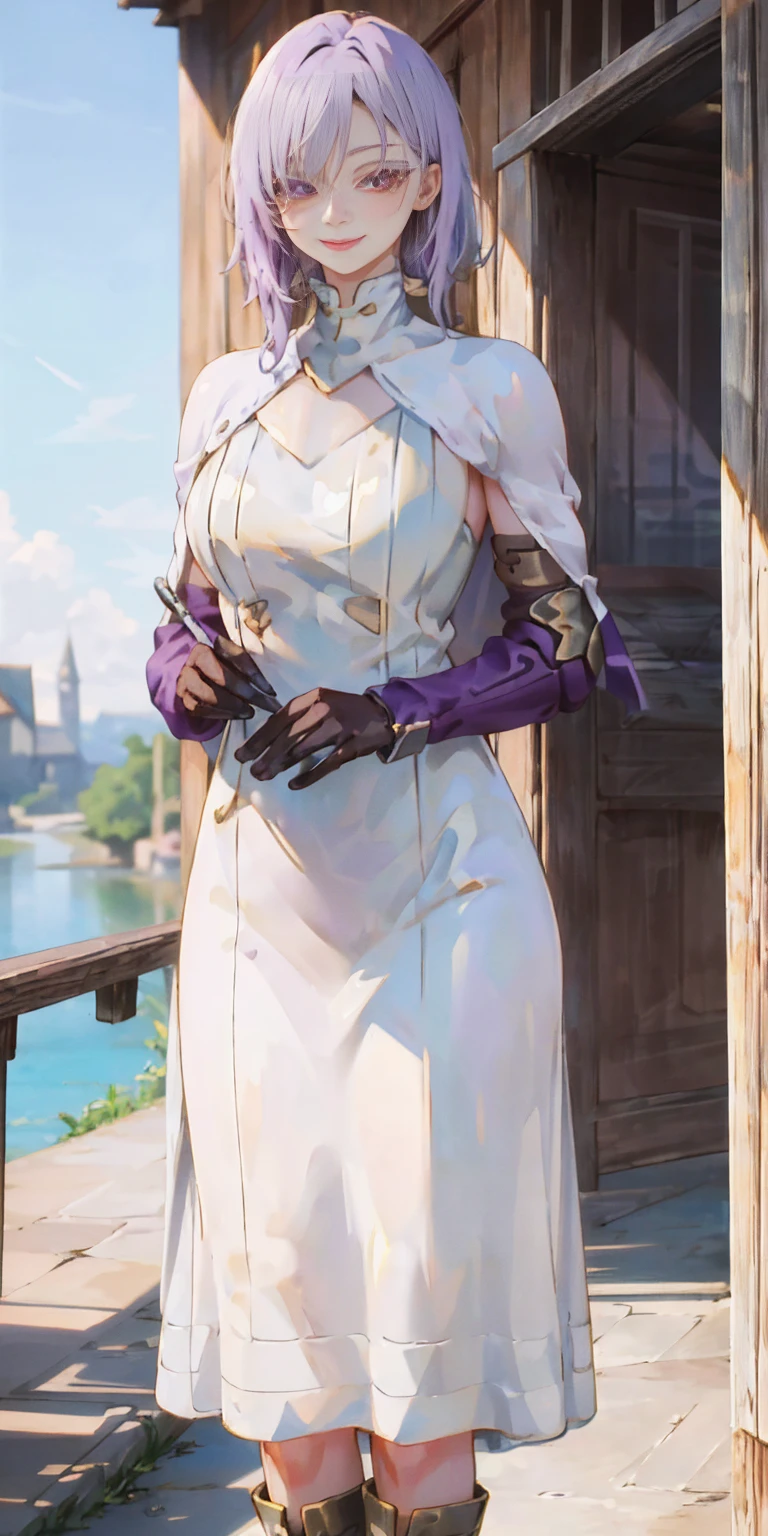 (Female chest covered)(smile) Gray skin, pale golden hair and violet eyes. She prefers clothing of white and silver with cloaks of deep blue or purple, village background, huge_knockers ((very precise detailed)) ((highres) (masterpiece, best quality), 1girl, KnightFFT, WHITE cape, armor, WHITE dress, belt, gloves, boots