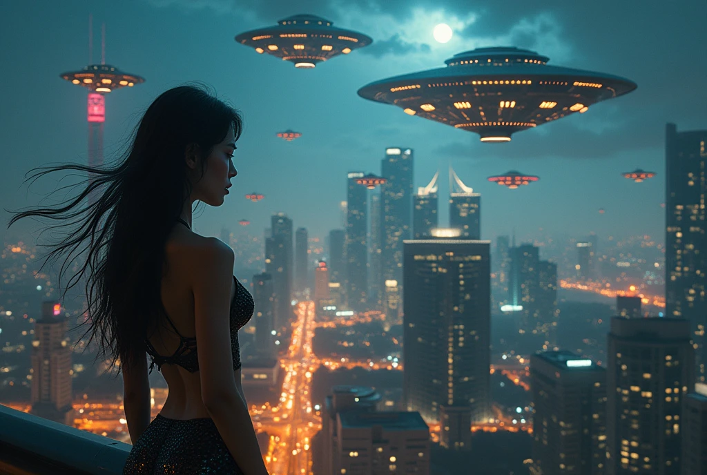 ((masterpiece, Highest quality, Best image quality, High resolution, Realistic, RAW Photos, 8k)), ((Highly detailed CG synthesis 8k wallpaper)), (Huge and stunning goddess shot, Very hot and sexy, Incredible beauty, Perfect Proportions, Beautiful body, Slim body beauty:1.4), Night view, a swarm of flying saucers appears over Singapore attacking the city, rays of light are being fired from the saucers and explosions are occurring in various parts of the city,