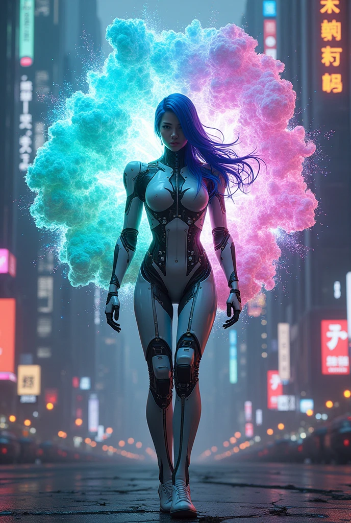 A close-up shot of a cyborg's neon-lit body, bathed in the soft glow of lightstreaks (night: 1.4) against a dark background, with steam wisps dancing across its chest. The camera captures a masterpiece of depth of field, blurring the surrounding shadows while keeping the cyborg's faceless visage crystal clear. Shot on Fujifilm XT3 in ultra-high resolution 8K UHD, this photorealistic image boasts film grain and raw photo quality, as if taken from a DSLR lens.