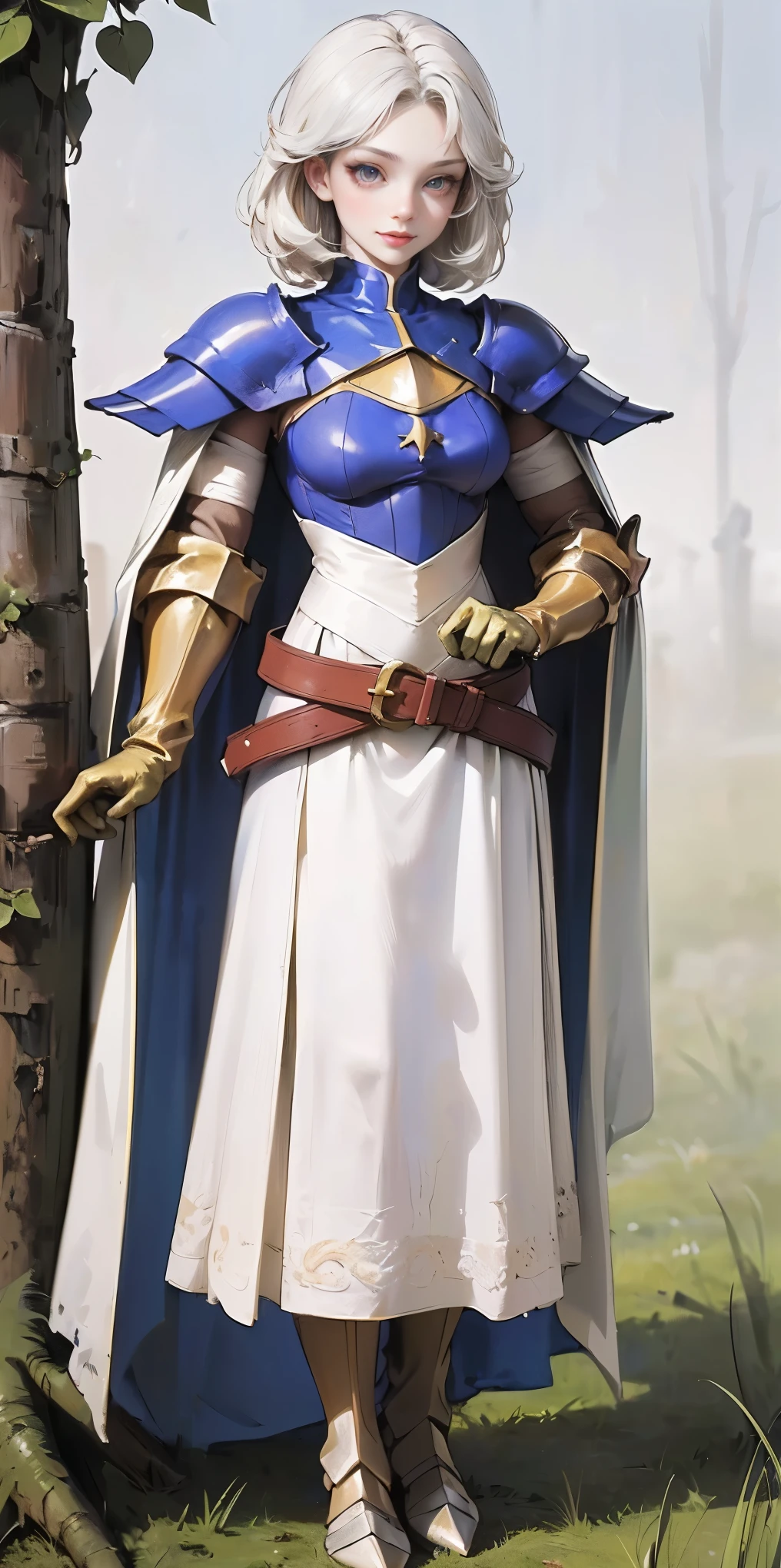 (Female chest covered)(smile) Gray skin, pale golden hair and violet eyes. She prefers clothing of white and silver with cloaks of deep blue or purple, village background, huge_knockers ((very precise detailed)) ((highres) (masterpiece, best quality), 1girl, KnightFFT, WHITE cape, armor, WHITE dress, belt, gloves, boots