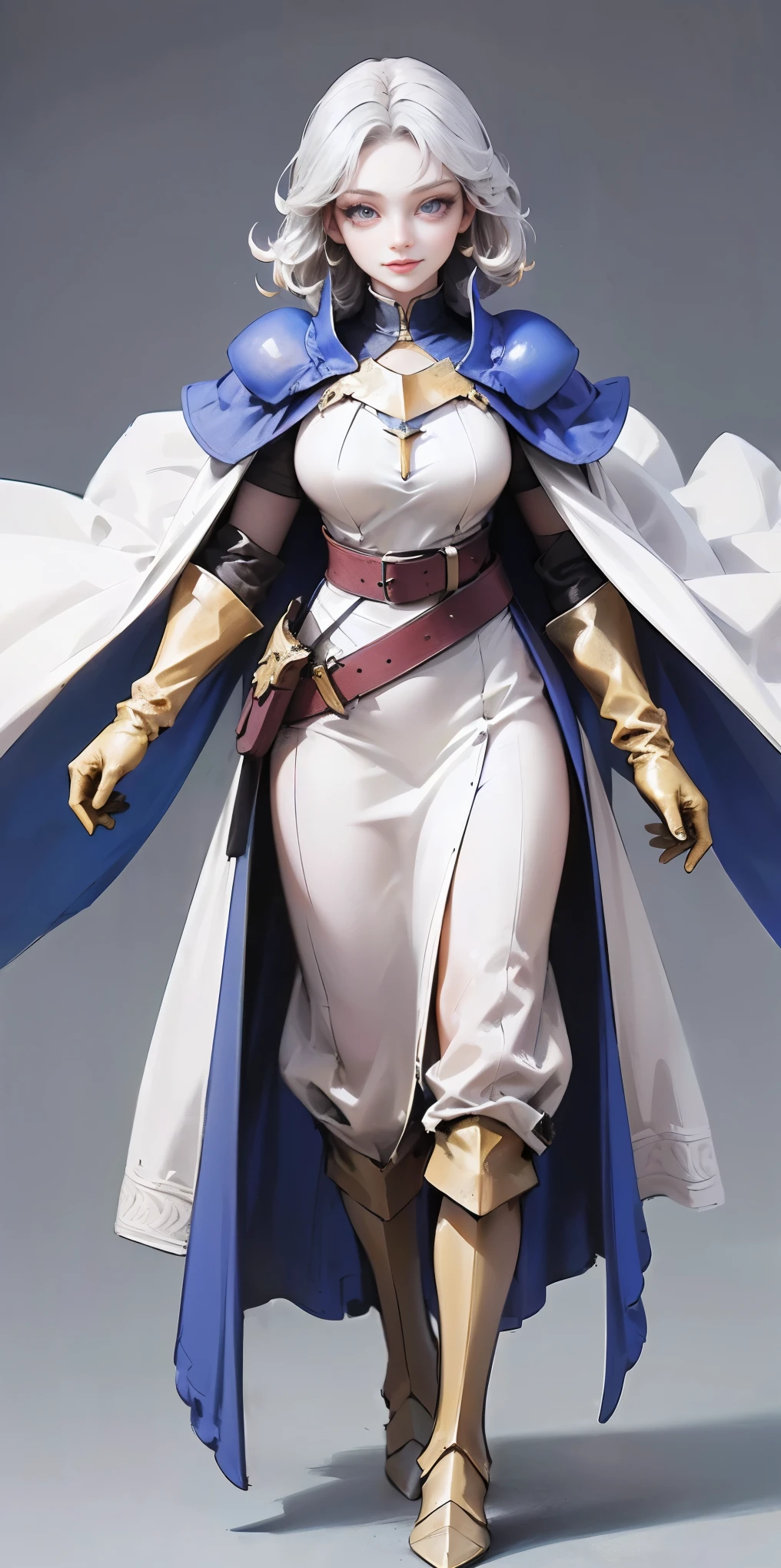 (Female chest covered)(smile) Gray skin, pale golden hair and violet eyes. She prefers clothing of white and silver with cloaks of deep blue or purple, village background, huge_knockers ((very precise detailed)) ((highres) (masterpiece, best quality), 1girl, KnightFFT, WHITE cape, armor, WHITE dress, belt, gloves, boots