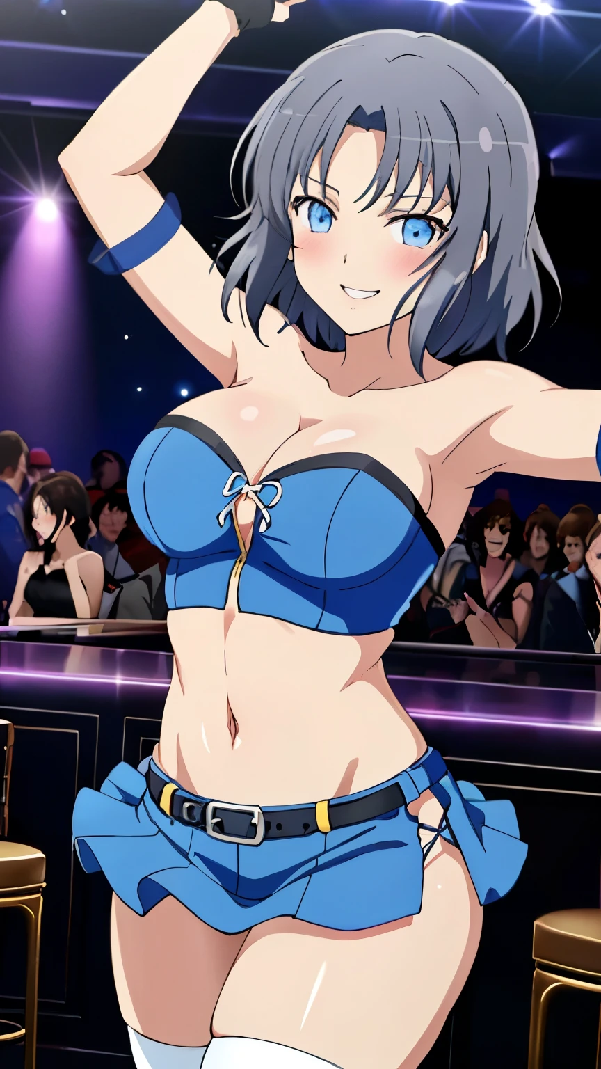 (masterpiece, best quality, high resolution, 8k:1.2), Anime coloring, yumi (senran kagura), 1girl, solo, , grey hair, short hair, blue eyes, Large medium breasts, definition CG unity, Perfect lit, bright_front_face_lit, Super detailed, 8K, nffsw, High resolution, (absurd:1.2), kodak portrait 400, film grain, Lens flare, (lively_color:1.2), looking at the viewer, (cowboy shot:1.2), dynamic angle, (Nightclub, dancing thighs, tube top, cleavage, underbust, purple tube top, strapless, belly button, midriff, mini skirt, bare shoulders, detachable sleeves, white knee socks, decoration, blush, smile), (The background features colorful spotlights and a band playing instruments. The crowd is cheering and dancing, creating an electrifying atmosphere. The club's decor includes a neon-lit bar, modern furniture, and a dance floor with dynamic lighting effects.)