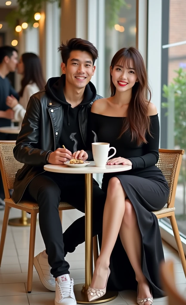 they are sitting at a table with a cup of coffee, lovely couple, couple pose, fanart, natasha tan maciej kuciara, tyler edlin and natasha tan, cindy avelino, couple, ✨🕌🌙, romantic couple, jordan grimmer and natasha tan, by Bernardino Mei, official fanart, mid shot portrait, by Eddie Mendoza