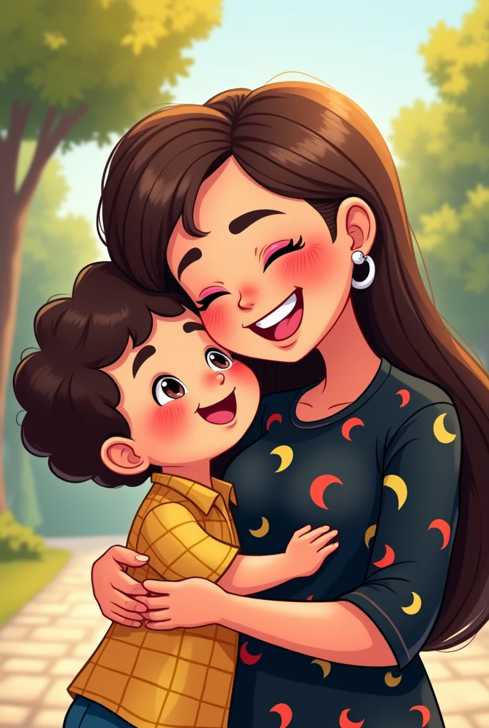 Woman wearing a shirt that says Doris hugging a child in a green shirt happy