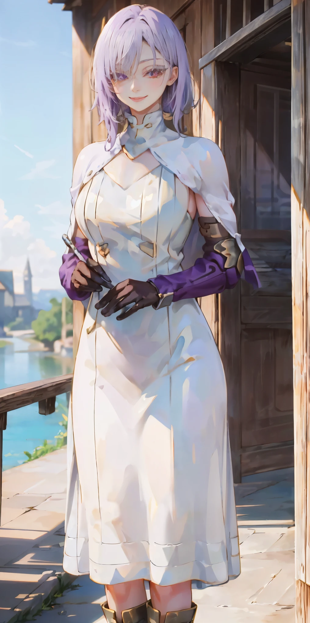 (Female chest covered)(smile) Gray skin, pale golden hair and violet eyes. She prefers clothing of white and silver with cloaks of deep blue or purple, village background, huge_knockers ((very precise detailed)) ((highres) (masterpiece, best quality), 1girl, KnightFFT, WHITE cape, armor, WHITE dress, belt, gloves, boots