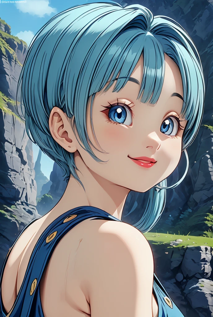 a slender woman with an S-curve figure, heart-shaped face, gentle features, long blue hair, warm kind smile, resembling Bulma,1girl,detailed face,beautiful detailed eyes,beautiful detailed lips,extremely detailed facial features,longeyelashes,beautiful,elegant,detailed portrait,photorealistic,hyper detailed,cinematic lighting,studio lighting,dramatic colors,vivid colors,rich colors,intricate details,high quality,best quality,8k,professional digital art, full hair in blue , big breasts 