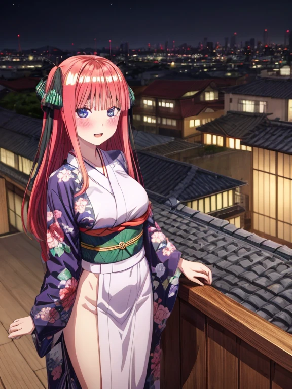 best quality, insanely detailed, nino nakano, kimono, breasts, blush, outdoor background, smile, nipple