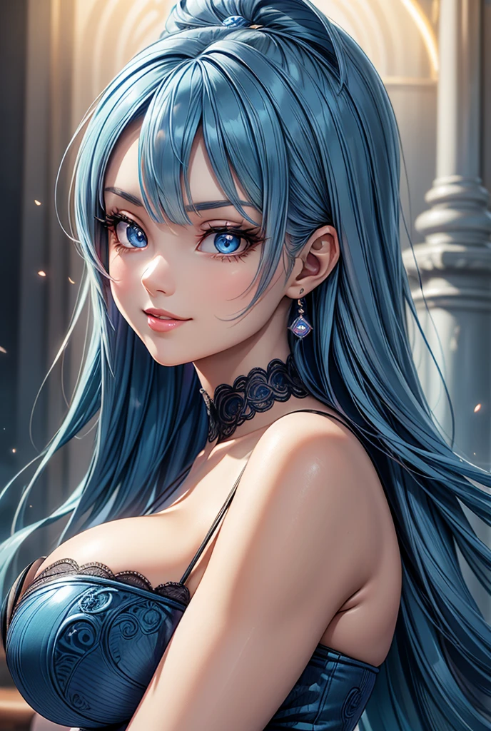 a slender woman with an S-curve figure, heart-shaped face, gentle features, long blue hair, warm kind smile, resembling Bulma,1girl,detailed face,beautiful detailed eyes,beautiful detailed lips,extremely detailed facial features,longeyelashes,beautiful,elegant,detailed portrait,photorealistic,hyper detailed,cinematic lighting,studio lighting,dramatic colors,vivid colors,rich colors,intricate details,high quality,best quality,8k,professional digital art, full hair in blue , big breasts 