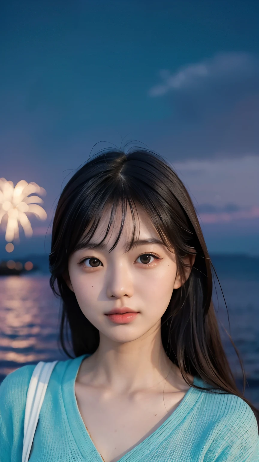 Japanese，Age 18，young girl，Randomly generated people with diverse facial features and hairstyles，Perfect Anatomy,Ocean，Beach，firework，Night Sky，Launch firework， Ocean，sweet girl，Photoshoot，magazine photography