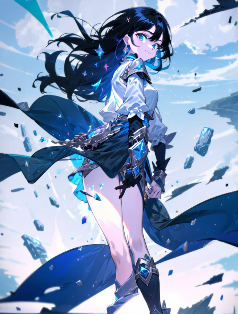 absurdres, masterpiece, 16k, uhd, (8k, RAW photo, best quality, masterpiece:1.2),(best quality, masterpiece:1.2),(Beautiful detailed background),  1girl, solo, full body, smiling, bright blue eyes, long ((black hair)), hair blowing in wind, BREAK ((white shirt)), BREAK (((black sleeves))), bright blue diamond gem on chest, (hip armor), (leg armor), boots, vambrace, gauntlet, (holding a sword), cloudy grey sky, snowing, Watercolor style, confident, colorful, mahou shoujo, magical girl, cyberpunk, a heroic heroine from a fashionable futuristic world, 