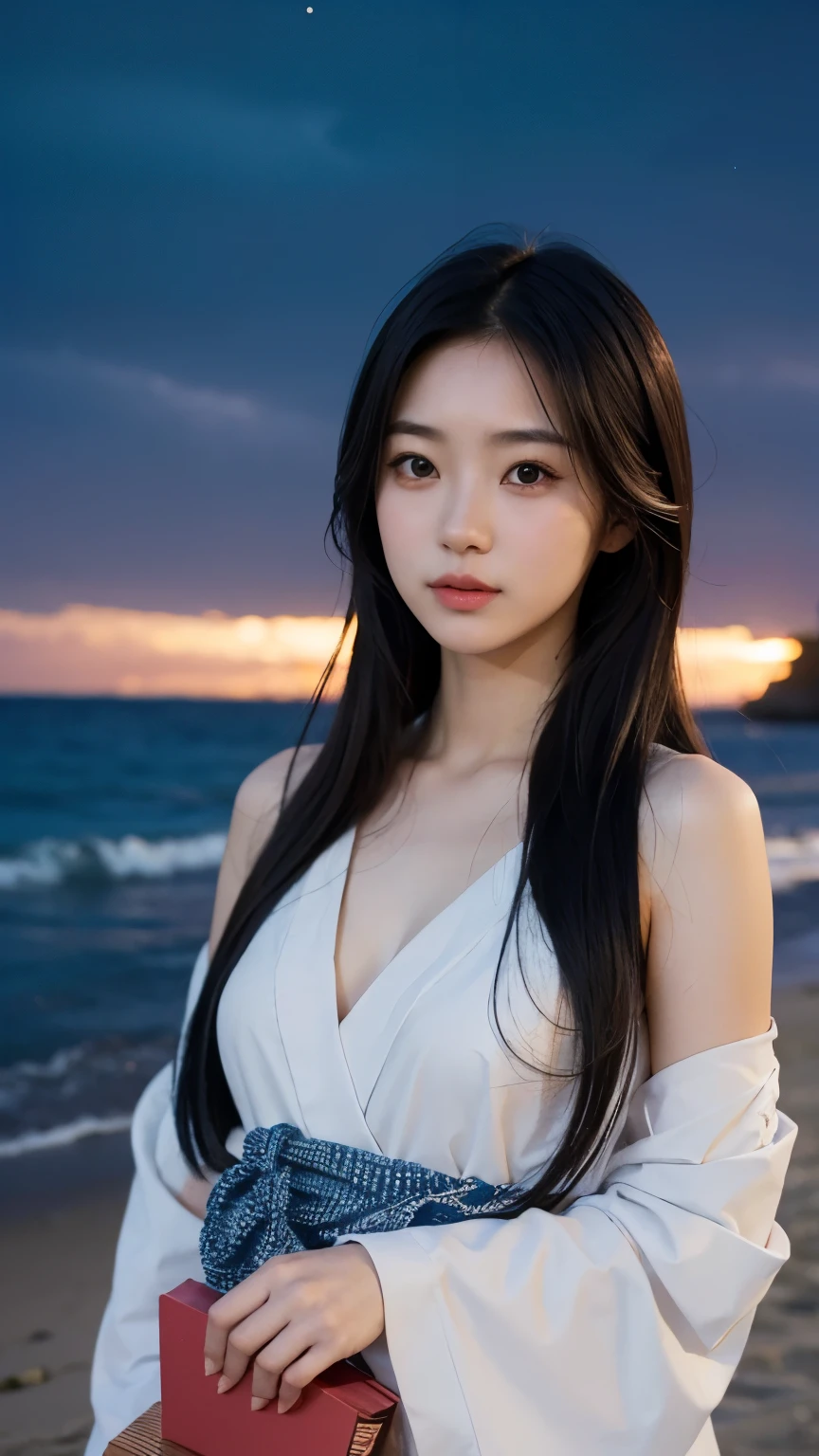 towards the camera,put a face to the viewer,stand on all fours,High image quality,works of masters,daughter,black hair,long hair shawl,long hair flowing over shoulders,cropped shoulder,clavicle,exquisite face,moist red lips,white dress,clavicle,towards the camera,Single photo,hosiery,sad expression,bust,real person,(ocean,sandy beach),CG rendering,16,000,lying in bed,Put your hands behind your head.,look into the camera,The night scenery was beautiful, farewell,hyper hd,The details were perfect,the picture is real,Extreme picture quality,Highest accuracy,8K 해상도,shade of darkness,8K, yes ,Ultra HD,8K