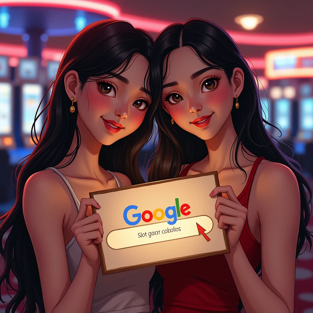 SLOT GACOR: Situs Slot Gacor Terpercaya 2024, https://heylink.me/.coblos4d/, {{{two bali girls holding up a google search sign "SLOT GACOR COBLOS 4D"}}}, text fit with sign, teasing smile, happy maxwin, animated, red casino background, big breast, cleavage, standing behind poker table, asian girls, white skin, blonde, wave hair, red hair, jackpot, wearing bali traditional dress, {{indonesia}}
