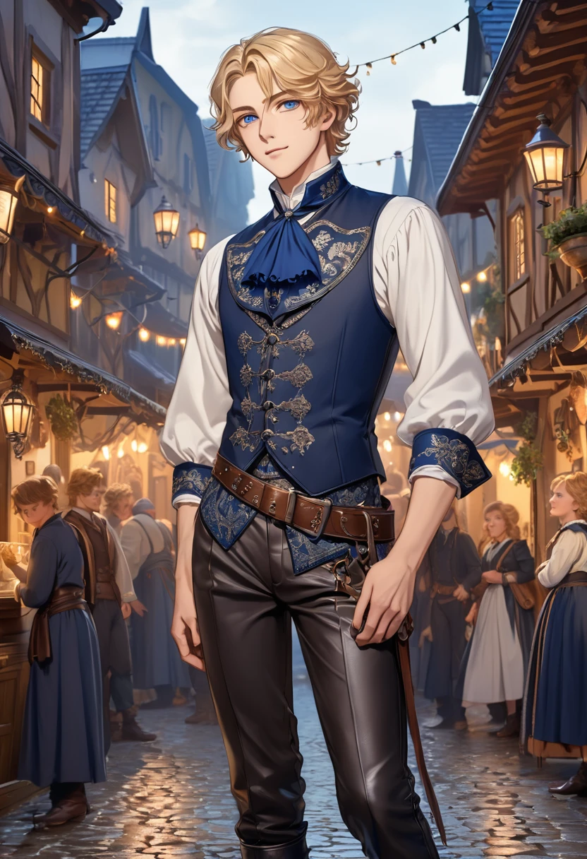 masterpiece, safe, best quality, expressive eyes, perfect face a young anime man in renaissance, historical, fantasy wearing with short wavy blonde hair, saphire eyes. standing in a festival town at night time with a cheerful expression. He wore a tailored dark vest with intricate silver embroidery. Underneath, he had a crisp white shirt with a high collar and a soft blue cravat. Around his waist, he sported a leather belt adorned with small metal studs,  His trousers were dark and fitted, and he completed the look with finely crafted knee-high leather boots.