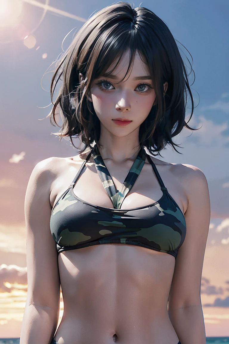 High resolution8k, Bright lighting, Lens flare, Sharpness, masterpiece, Highest quality, 超High resolution, High resolution, Highly detailed CG, Anime Style, Film Portrait Photography, 1 Female, Beautiful woman, whole body, (((Iris, Short Bob Hair, Black Hair))), ((Woman wearing a halter bikini)), ((Camouflage Bikini, High-waist Camouflage Bikini)), Woman on the beach at sunset, Sunset sky, (Natural skin texture and vivid details, Ultra-realistic), Large Breasts, NSFW