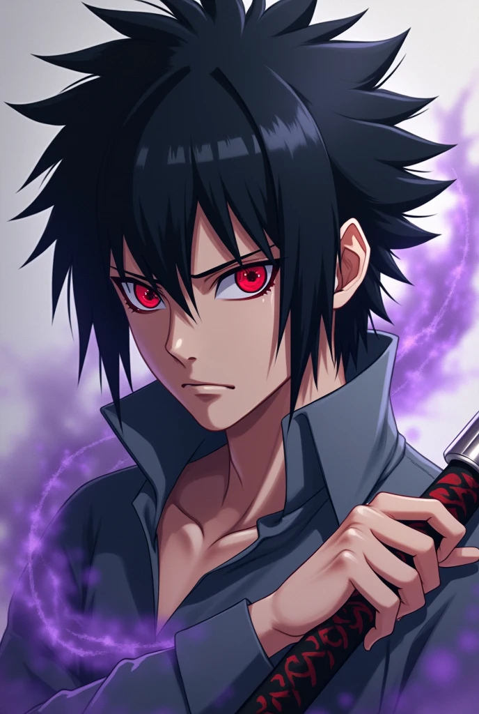personagem de anime com olhos brilhantes e um cabelo preto, sasuke uchiha, badass anime 8 k, olho esquerdo vermelho e o direito roxo brilhando, his eyes are bleeding intense, his eyes are bright red and purple, unreal engine 5