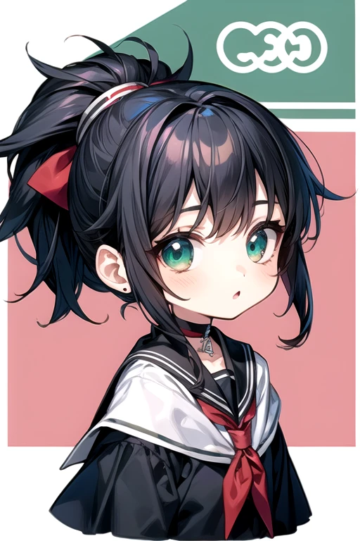 (Highest quality)、(Highest quality)、cute、(choker).eyes are emerald、(ponytail)、(Black Hair)、( Girl).((Chibi Character)).