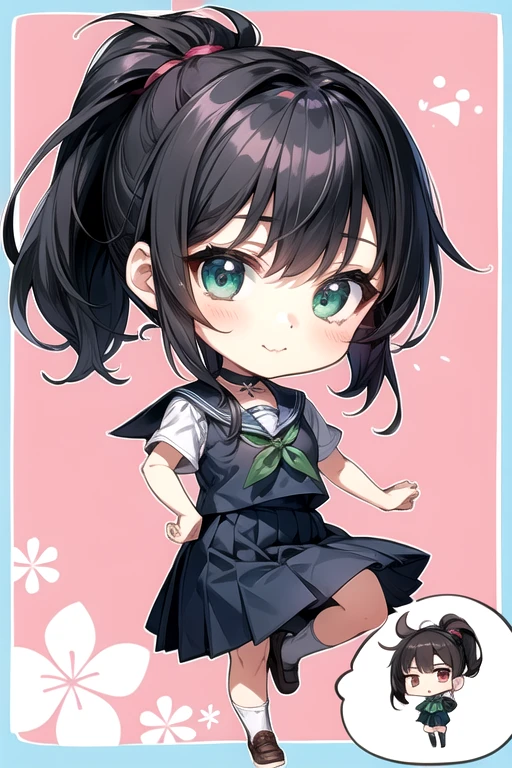 (Highest quality)、(Highest quality)、cute、(choker).eyes are emerald、(ponytail)、(Black Hair)、(School Girl).((Chibi Character)).