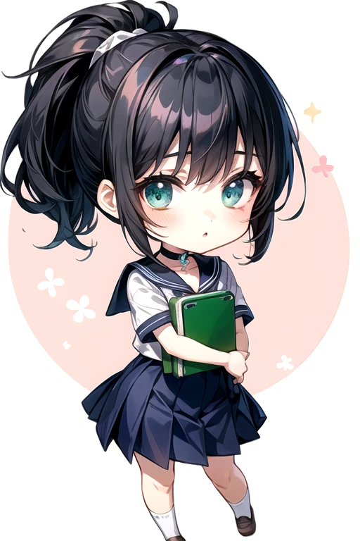 (Highest quality)、(Highest quality)、cute、(choker).eyes are emerald、(ponytail)、(Black Hair)、( Girl).((Chibi Character)).