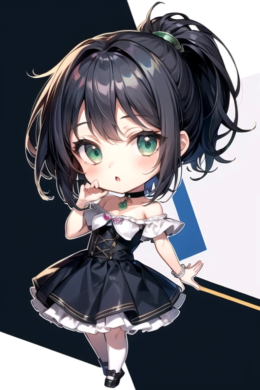 (Highest quality)、(Highest quality)、cute、(choker).eyes are emerald、(ponytail)、(Black Hair)、(high school girl).((Chibi Character)).