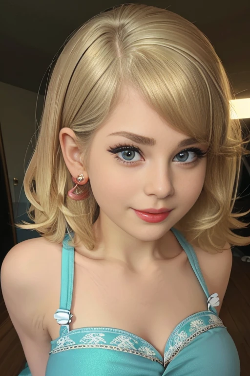 (The best quality, 4k, 8k, High Resolutions, masterpiece:1.2), ultra detailed, detailed face, Detailed lips and eyes......, cute makeup , attractive appearance, expressive face, realist,
TO BREAK  Loud ,beautiful caucasian woman with shoulder length messy wavy blonde hair,short blonde hair , brown eyebrows, big blue eyes, clear skin, slim and athletic, Long hair , blond hair,
TO BREAK  (dynamic  pose)  ,Nice smile,  Soft sunlight illuminating the scene, Subtle movement of the wind in the hair, cheerful expression, gloomy atmosphere, Suave, Natural lighting that emphasizes your features......, Subtle shadows that add depth and dimension to the image......, (maduro) , posing sexy , cute makeup , Red lips , blue eye shadow , leni loud , She is wearing a turquoise dress, black glasses on the head, happy , Whole body 