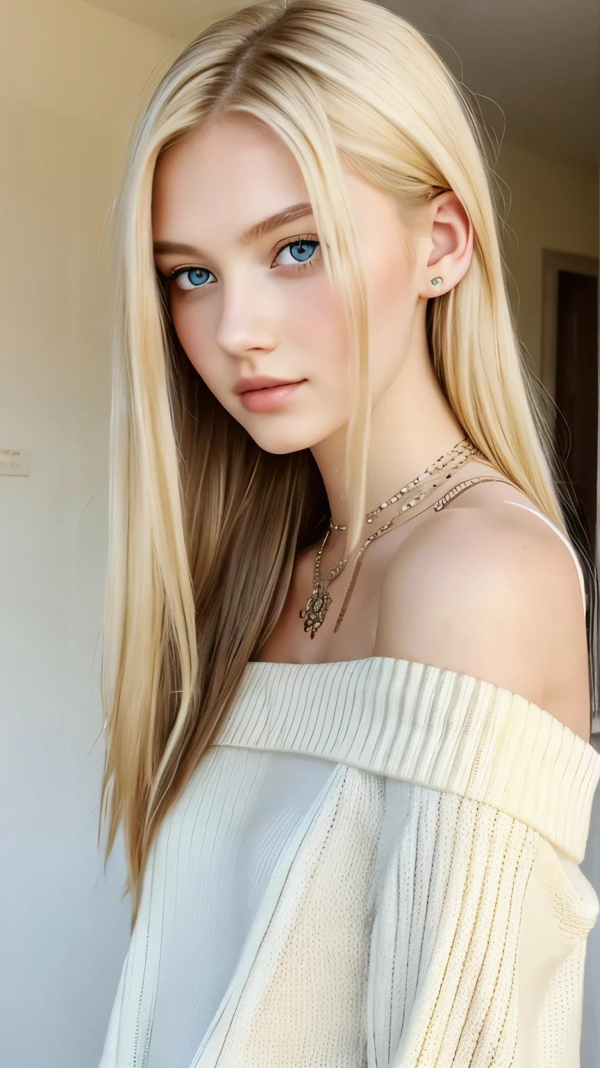 1 girl in, 19yearsold, standing alone, long hair, Colossal , gazing at viewer, hair blonde, bared shoulders, eyes browns, jewelry, whole body, a necklace, off the shoulders, Sweaters, realisitic, A sexy