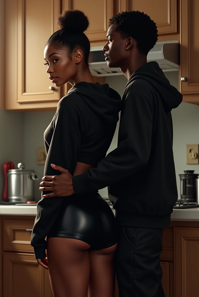 Femme noire mince habillé d'une tenu moulante blanche, enorme cul, enorme seins, enrouler entièrement dans des chaines, elle est a genoux et les mains au sols devant (les mains sont menottés), elle est dans un cuisine. Un homme blanc énormément muscler arrive derriere elle et lui met une de ses mains sur la tete et l'autre sur les seins