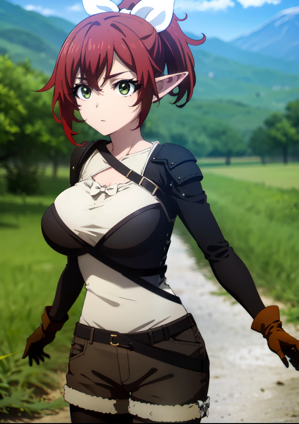 rheafighter, rhea fighter, (green eyes:1.5), hair ribbon, ponytail, red hair, pointy ears, elf, white bow, white ribbon, ribbon, BREAK gloves, bow, pantyhose, shorts, belt, armor, big breast, black pantyhose, fur trim, short shorts, brown gloves, toeless legwear, legwear under shorts, brown shorts, BREAK outdoors, forest, grass, nature, sky, cloud, sun, BREAK looking at viewer, (cowboy shot:1.5), BREAK (masterpiece:1.2), best quality, high resolution, unity 8k wallpaper, (illustration:0.8), (beautiful detailed eyes:1.6), extremely detailed face, perfect lighting, extremely detailed CG, (perfect hands, perfect anatomy), large breast