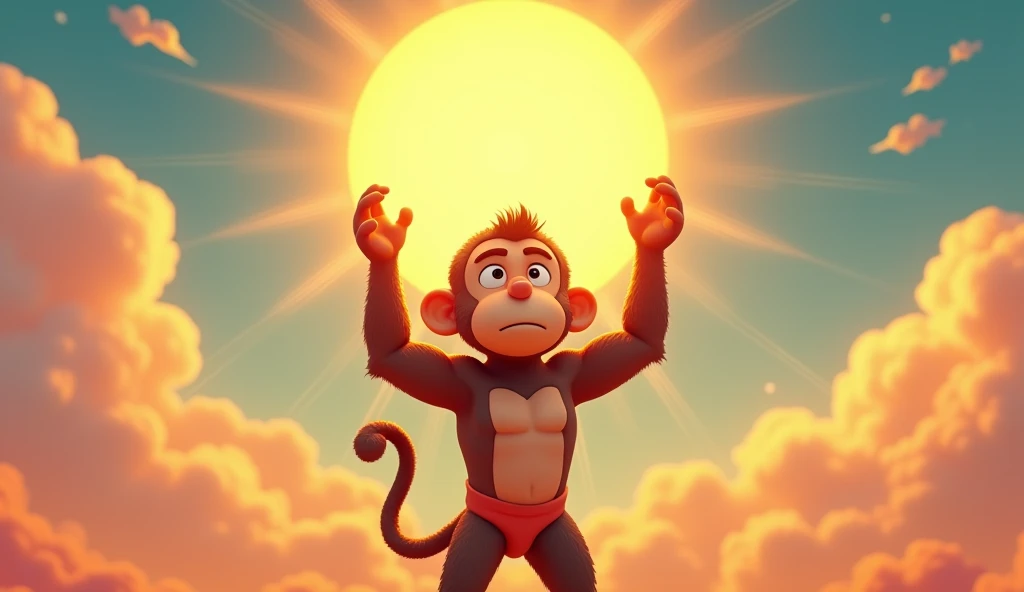 In cinematic Cartoon 3d style "The Flight
A dramatic sky, with clouds and streaks of sunlight.
Lord Hanuman leaps into the air, his tail propelling him upwards. He flies towards the sun with incredible speed, his eyes filled with determination"