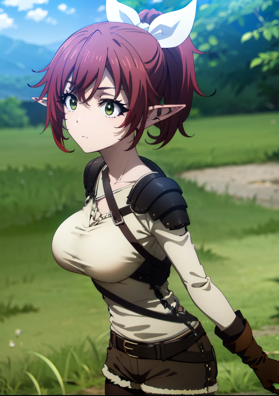 rheafighter, rhea fighter, (green eyes:1.5), hair ribbon, ponytail, red hair, pointy ears, elf, white bow, white ribbon, ribbon, BREAK gloves, bow, pantyhose, shorts, belt, armor, big breast, black pantyhose, fur trim, short shorts, brown gloves, toeless legwear, legwear under shorts, brown shorts, BREAK outdoors, forest, grass, nature, sky, cloud, sun, BREAK looking at viewer, (cowboy shot:1.5), BREAK (masterpiece:1.2), best quality, high resolution, unity 8k wallpaper, (illustration:0.8), (beautiful detailed eyes:1.6), extremely detailed face, perfect lighting, extremely detailed CG, (perfect hands, perfect anatomy), large breast