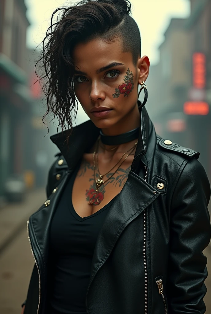 Beautiful 25 year old woman, black hair, Bob cut, blue eyes, sightly muscled, messy hair, tattooed neck, leather jacket, San Francisco in the background, kink, evil aura, night, kink.