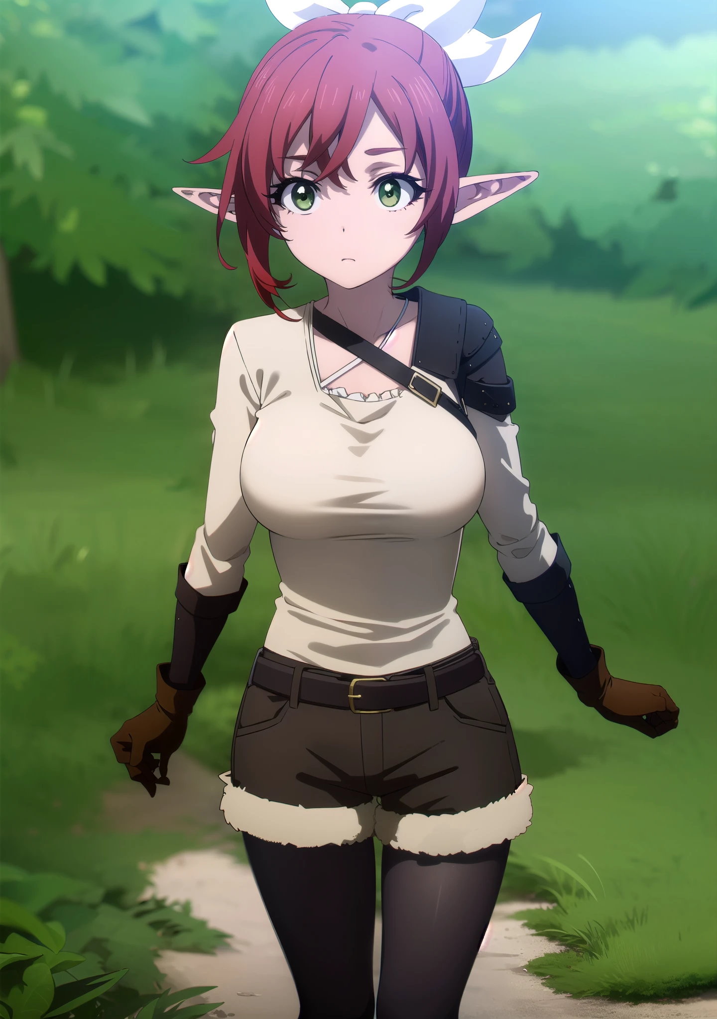 rheafighter, rhea fighter, (green eyes:1.5), hair ribbon, ponytail, red hair, pointy ears, elf, white bow, white ribbon, ribbon, BREAK gloves, bow, pantyhose, shorts, belt, armor, big breast, black pantyhose, fur trim, short shorts, brown gloves, toeless legwear, legwear under shorts, brown shorts, BREAK outdoors, forest, grass, nature, sky, cloud, sun, BREAK looking at viewer, (cowboy shot:1.5), BREAK (masterpiece:1.2), best quality, high resolution, unity 8k wallpaper, (illustration:0.8), (beautiful detailed eyes:1.6), extremely detailed face, perfect lighting, extremely detailed CG, (perfect hands, perfect anatomy), large breast