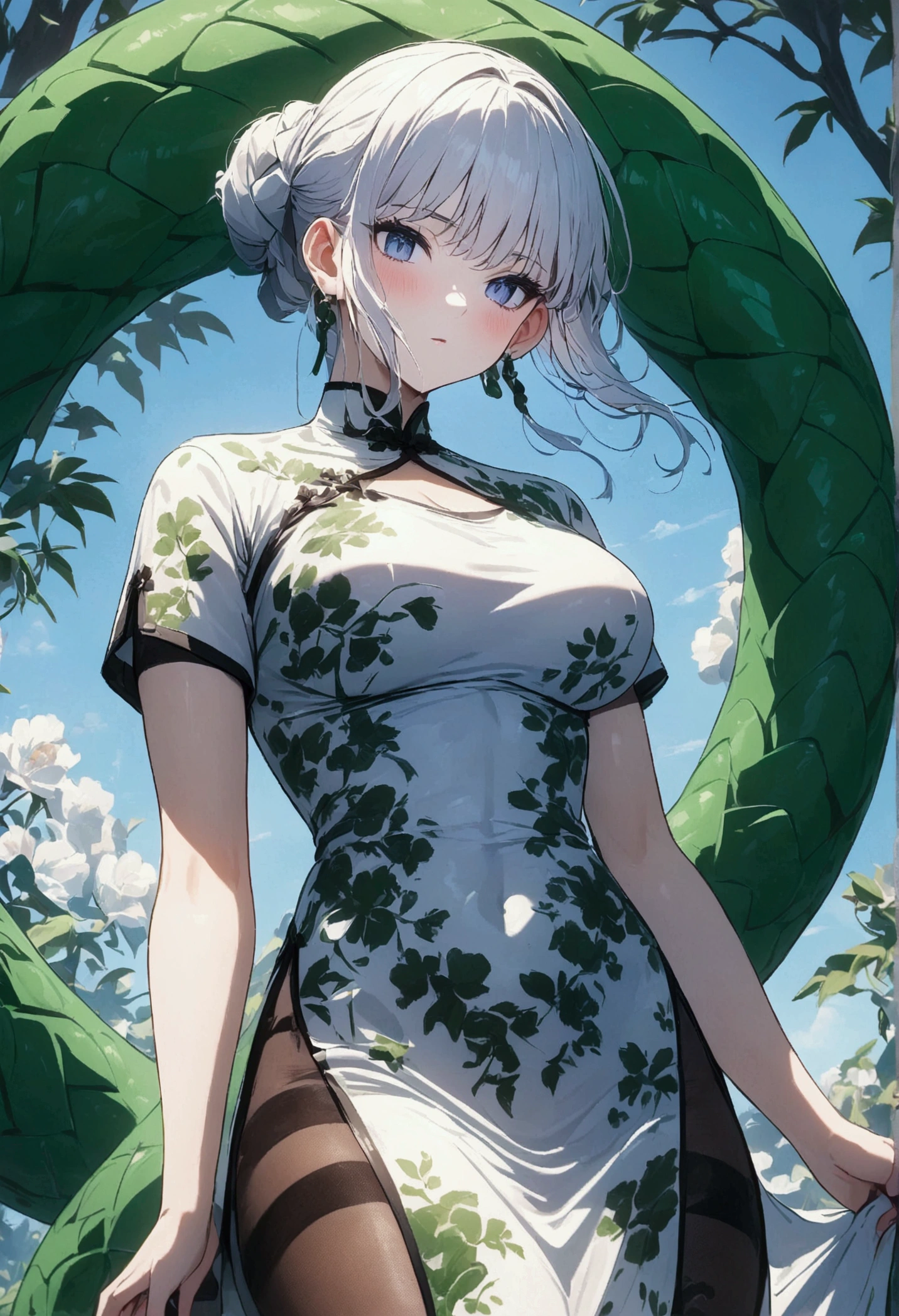 cyclopscpt, cowboy shot, solo, 1girl, looking to the side, smile, blush, medium breasts, light grey hair, hair flaps, light green eyes, light grey sleeveless shirt, backlighting, Celosia \(flower\), floral background <lora:cyclops_cpt_v01:1>