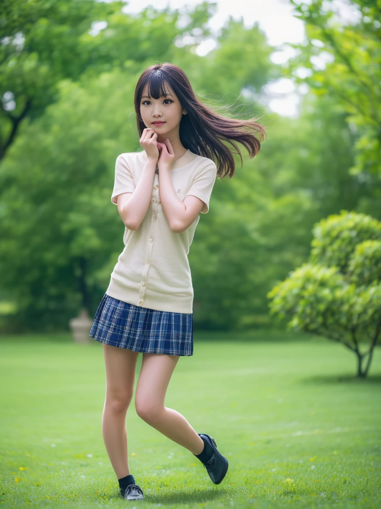 (masterpiece, Highest quality:1.4), Award-winning portraits, 8k, 85mm, alone, Beautiful Face, Delicate,  (On the grass), Sophisticated, cute, , RAW Photos, Confused, High resolution, Sharp focus, Background Blur、(((flat  、細くてDelicate体、Childish atmosphere)))、Glossy short bob、Mole on the left cheek、 Dark blue eyes、the skirt is swaying in the wind、Hair swaying in the wind、sexy、flexible legs、naked、Angle shot from the ground