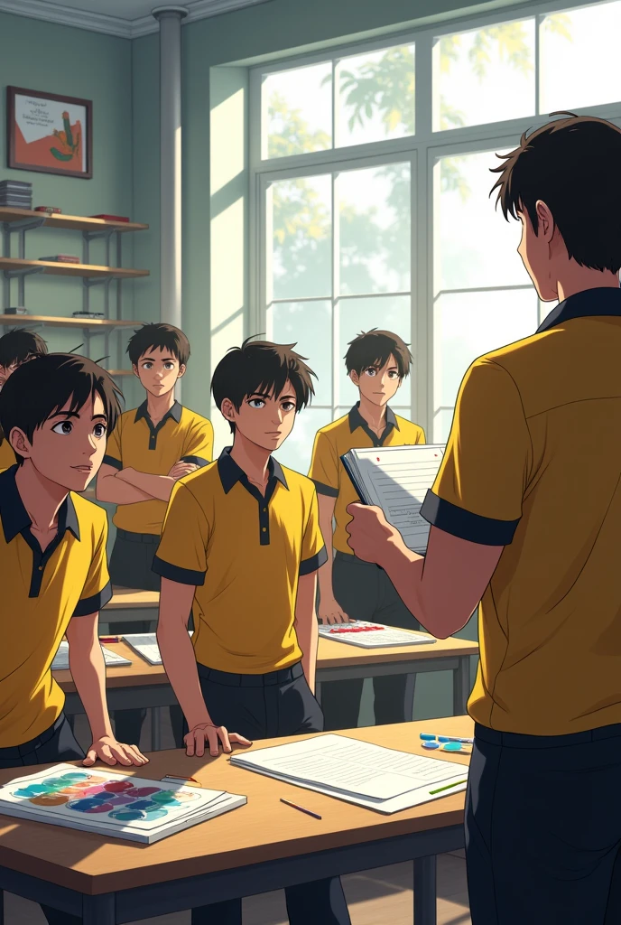 A ager,Strong males,(pupils),(Flirting smiles),brunette color hair,((Hand pockets)),(((Classroom))),Ambient lighting,Backlight,Cinematic lighting,natural soft light,Seven-doppelganger shot,(first person perspective)